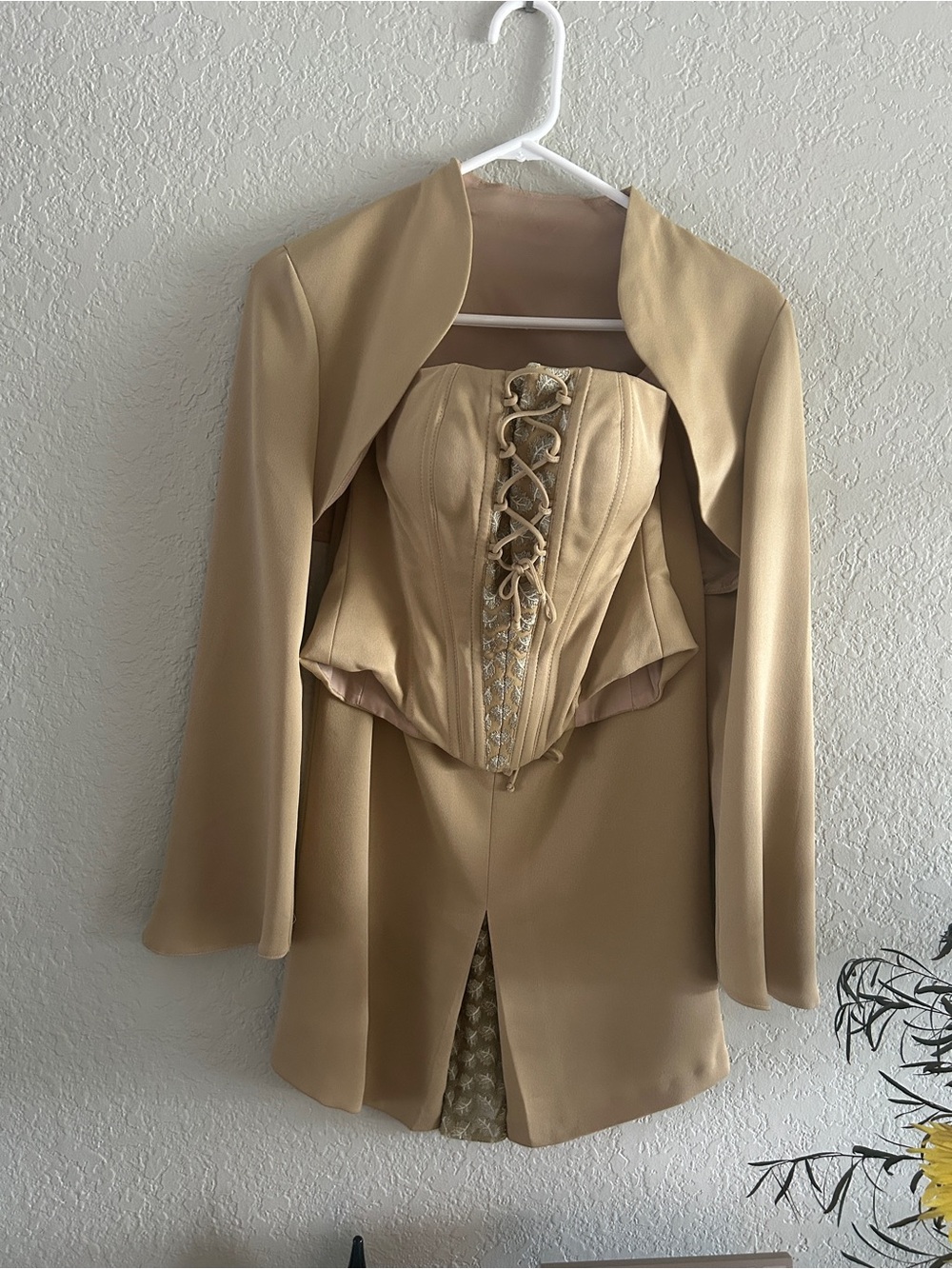 3 Piece Set: Skirt, Strapless Corset Top and Bolero in Champagne Beige